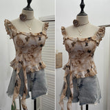 Shoot French Retro Irregular Lotus With Chest Cushions With Ribbon Sling Vest Summer Chiffon Top