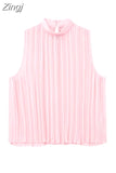 Pleated Chiffon Blouses Women Sleeveless Pink Top Female Loose Summer Blouses Woman 2023 Fashion Elegant Chic Woman