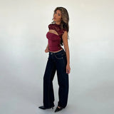 Front Slit Back Lace Short Sleeve Top- Outfit