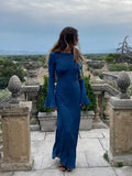 Round Neck Flare Long Sleeve Maxi Dress Women Solid Color Slim Wrap Hip Robes 2025 Fashion Female Vacation Party Vestido 211-0-Outfit
