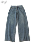Design Streetwear Vintage High Waist Blue Jeans Women Korean Version of Loose And Floor-Length Fashion Pants 2023
