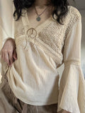 Cloth Forgets The Ancient Wild Folk Style V Tie With Horn Long-Sleeved Top Knitted