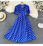 Summer French Retro Skinny Bubble Short-Sleeved V-Neck A-Shaped Dress Elegant Temperament Long