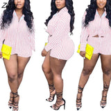 Fashion Sporting Women set Striped Print Button Shirt Top Skinny Shorts Suit Two Piece Set Elegant