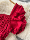 Vintage Women Square Collar Draped Dress Eleagant Puff Short Sleeve High Waist A-Line Knee-Length Robe Female New