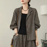 2025 Vintage Literary Striped Large-Size Cardigan Coat + Wide-Legged Harlan Pants Two Sets Of