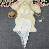 Zingj Ins Vacation Style Suit Female Design Sense Bikini Hanging Neck Vest Versatile Tassel Skirt Knit Two