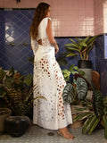 2025 New Solid Color Split Beach Pants Set Sexy Net Eye Hollow High Waist Vacation