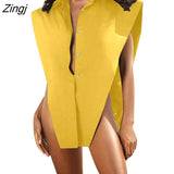 Female Shirt Fashion Sexy Solid Color Turn-Down Collar Sleeveless Tops 2023 Streetwear