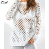 Women Round Neck Long Sleeve Solid Color Casual Sweater Hollow-out Loose Knitwear Jumper Tops