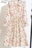 Women Elegant Casual Floral Print Autumn Winter Pleated Dress Vintage Bow Collar Long Sleeve Chiffon Shirt Dress 2023 Robe