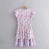 Cotton Purple Print Short-Sleeved Leaf Sleeve Dress