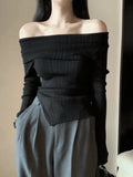 Split Off Shoulder Ribbed Knit Top-Outfit