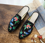 Zingj Two Birds, Embroidered Ink Painting, Bright Silk Cloth, Pointed Women's Single Shoes, Casual Walking
