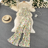 Women Summer Maxi Print Pants Suits New Sleeveless Strap Tops Female Casual Chiffon Two Pieces Sets Beach