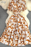 Vintage Women Printed Long Dress Elegant Turn-Down Collar Single Breasted Short Sleeve High Waist A-Line Maxi Vestido