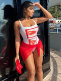 Print Women Two Piece Sets Sleeveless Casual Skinny Low-Neck Bodysuit+Mesh See Through Bandange Skirts Matching