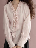 Sweet Lace Striped Shirt Woman 2025 Early Spring New Loose Thin Top Wood Ear V-Neck