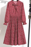Women Elegant Casual Floral Print Autumn Winter Pleated Dress Vintage Bow Collar Long Sleeve Chiffon Shirt Dress 2023 Robe