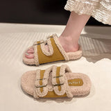 Zingj Slippers Female 2024 Autumn / Winter New Korean Version Of Fashion Color Stitching Soft Wool And Velvet Belt Buckle Flip-Ops-Outfit