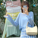 Women Solid Long Sleeve See-through Sun Protection Crop Tops Thin 2020 Summer Trendy Sweet Casual Womens Ulzzang