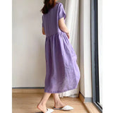 New Leisure Spring And Summer Loose Skirt Short Sleeve Round Neck Solid Cotton Linen
