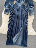 Women Blue Draped Velvet Long Dress Elegant V-Neck Lantern Sleeve High Waist Party Robe Female Autumn Winter 2023 New