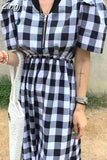Fashion Women Puff Sleeve Zipper Ruffes Black White Plaid Dress Woman Casual Print Dress Pullover Ladies Long
