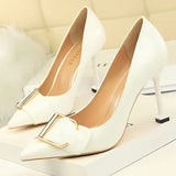 Shoes Metal Button Woman Pumps Patent Leather High Heels Luxurious Sexy Party Shoes Stiletto Heels Ladies Large Size