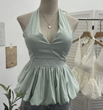 Retro Hanging Neck Tie With Bare Back Sling Skirt Folded Short Sleeveless Top Woman