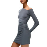Zingj Women's Fall 2024 New Solid Color Long Sleeve One Shoulder Diagonal Collar Sexy Hip Dress