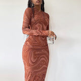 Women's Clothing 2025 Autumn New Long-Sleeved Dress Printed Round Collar Body Medium Long Dress Dress