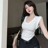Chic Thai Design V-Neck Shoulder Short Sleeve T-Shirt Women's Curved Under The Hem To Slim Short