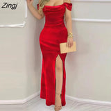 Women Formal Red Party Long Dress 2023 Fashion Velvet Chain Strap Split Thigh Short Sleeve Solid Dress Roupas Femininas