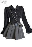 Women 2 Piece Sets Black vintage Gothic Chiffon Fishtail Shirt Sexy Skirt Female Slim Grey Pleated Skirts 2023 Autumn