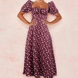 Women's Long-Term 2025 Women's Dress New Dress Summer Short-Sleeved French Fresh Floral Dress Square