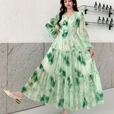 Dress Women 2025 New High-End Sense V-Neck Pearl Buckle Lantern Sleeves Wide Swing Print Long