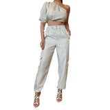Zingj 2024 New Fashion Diagonal Collar Rotator Sleeve Top Casual Wind Pants Two-Piece Set-Outfit