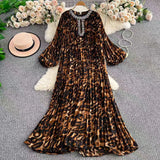 Elegant Dress Women Fashion Nail Drill Hollow Round Long Sleeves Loose Thin Leopard Embossed