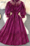 Women Lace Dress Spring Summer Elegant Stand Collar Puff Sleeve High Waist Party Vestidos Female Runway Robe 2023
