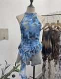 Irregular Hanging Neck Dyeing Net Yarn Vest Lotus Side Ribbon Short Sleeveless Top