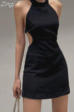 Backless Halter Neck Solid Tank Black Dress Summer Fashion Elegant Korean Female Dress Sleeveless Basic Sundress