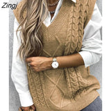 PETAL Knit V-neck Sweater Vest For Woman Brown Casual Loose Sleeveless Waistcoat 2023 Spring Autumn Pullover Tops