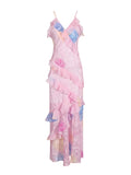 Elegant Tea Break Dress Autumn And Winter 2025 New Slings Print Back Repair Lotus Leaf-Side Dress Female