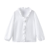 Spring And Summer New Solid Color Long-Sleeved Lotus Leaf-Side Shirt Women's