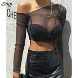 Sexy See Through Mesh Women T-shirt Black Long Sleeve One Shoulder T-shirts Female Autumn Skinny Fashion Party
