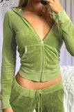 Vintage Fashion Green Velour Autumn Tracksuit Women Zip Up Hoodie and Pants Suits Two Piece Set Workout Solid