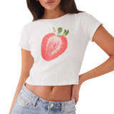 New Strawberry Print Umbilical Babes Blouse Casual Round Neck Short Sleeve Breathable