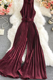 Women's Romper Spring Autumn 2023 Turn-Down Collar Sleeveless Vintage Playsuits Female Off Shoulder Pleated Jumpsuit New