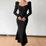 Knitted Women Dress Long Sleeve Square Collar Sexy Ruffle Hem Office Lady Elegant Black Fashion Maxi Robe Female